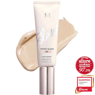 Missha M Perfect Blanc BB Cream No.23 Sand in a tube, showcasing smooth, light beige formula with a natural finish.