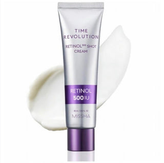 Missha Time Revolution Retinol 500 Shot Cream in a 60ml jar, showing smooth, creamy texture and sleek packaging.