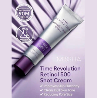 MISSHA Time Revolution Retinol 500 Shot Cream in a 60ml jar, showcasing the skincare cream with its sleek packaging.
