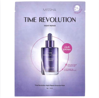 MISSHA Time Revolution Night Repair Ampoule Mask face sheet mask laid flat, showing packaging and product details.