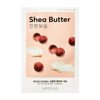 MISSHA Airy Fit Sheet Mask for face, made with rice extract, showing the mask laid flat on a clean surface.