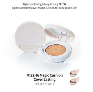 MISSHA Magic Cushion Cover Lasting foundation in a compact, with a soft sponge applicator and a sealed lid, ready for flawless skin.