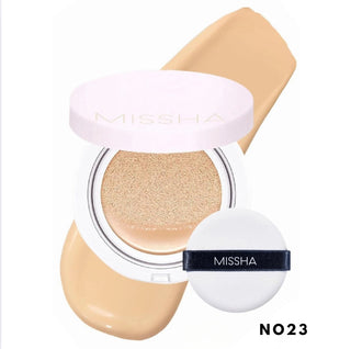 Missha Magic Cushion Cover Lasting foundation in a compact with a sponge applicator, showcasing smooth, even skin coverage.