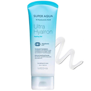 MISSHA Super Aqua Ultra Hyalron Peeling Gel in 100mL bottle, featuring a clear gel texture for gentle exfoliation.
