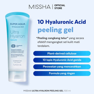 MISSHA Super Aqua Ultra Hyalron Peeling Gel in a 100mL bottle, showcasing its gel texture and hydrating skincare benefits.