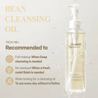 Mixsoon Bean Cleansing Oil bottle showing clear liquid and pump dispenser, designed for gentle facial cleansing.