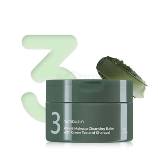 Numbuzin No.3 Pore & Makeup Cleansing Balm with green tea and charcoal, showing the balm's smooth texture and green tea leaves.