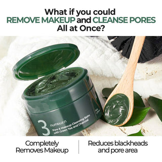 Numbuzin No.3 Pore & Makeup Cleansing Balm with green tea and charcoal, creamy balm in a jar for deep cleansing and pore care.