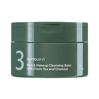 Numbuzin No.3 Pore & Makeup Cleansing Balm with green tea and charcoal in a jar, showing the balm's smooth texture and natural ingredients.