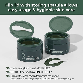 Numbuzin No.3 Pore & Makeup Cleansing Balm with green tea and charcoal, showing the balm's smooth texture in a jar.