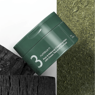 Numbuzin No.3 Pore & Makeup Cleansing Balm with green tea and charcoal, showing the balm's smooth texture and packaging.