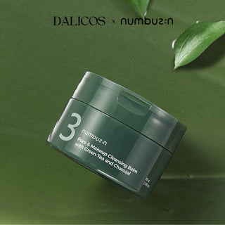 Numbuzin No.3 Pore & Makeup Cleansing Balm with green tea and charcoal, showing the balm's smooth texture and eco-friendly packaging.