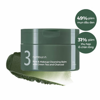 Numbuzin No.3 Pore & Makeup Cleansing Balm with green tea and charcoal, showing the balm's creamy texture and green tea leaves