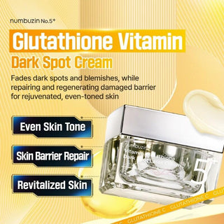 Numbuzin No.5 Vitamin Glutathione dark spot laser cream in 50mL jar, showcasing the cream's smooth texture and packaging.