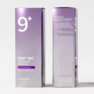 Numbuzin No.9 NAD Bio Lifting Essence bottle with white and silver packaging, featuring a sleek, modern design and product label.