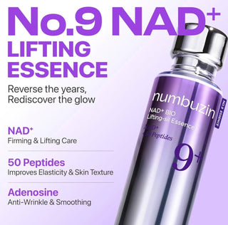 Numbuzin No.9 NAD Bio Lifting Essence bottle with clear label and pump dispenser, designed for skincare and facial treatments.