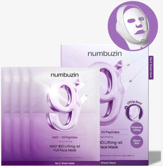 Numbuzin No.9 NAD Bio Lifting Face Sheet Mask showing full-cover mask designed for facial skincare and rejuvenation.
