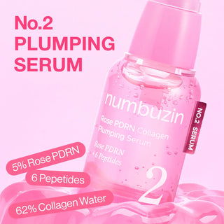 Numbuzin No.2 Rose PDRN Collagen Plumping Serum bottle, 30mL, with rose and collagen ingredients visible in the image.