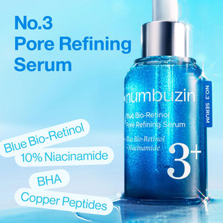 Numbuzin No.3 Blue Bio-Retinol serum bottle with label, showcasing the pore refining serum for clear, smooth skin.
