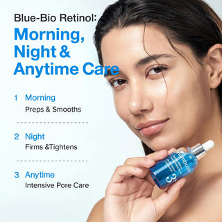 Numbuzin No.3 Blue Bio-Retinol Pore Refining Serum in a sleek blue bottle, showcasing the serum’s smooth texture and dropper applicator.