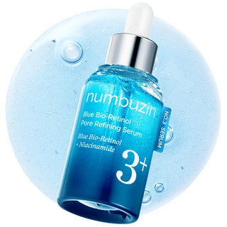 Numbuzin No.3 Blue Bio-Retinol pore refining serum bottle with pump dispenser on a white background.