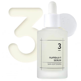 Numbuzin No.3 Skin Softening Serum in a clear glass bottle with dropper, designed for smooth, hydrated skin.