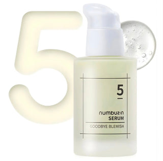 Numbuzin No.5 Goodbye Blemish Serum in a sleek bottle, designed to reduce blemishes and improve skin clarity.