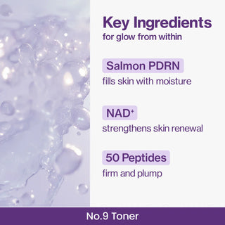 Numbuzin No.9 NAD PDRN Glow Boosting Toner in 150mL bottle, clear liquid with a minimalist label, for radiant skin.