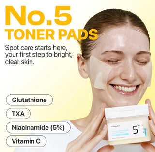Numbuzin No.5 Vitamin Niacinamide Concentrated Toner Pads for brightening and skincare, shown in a close-up of the product packaging.