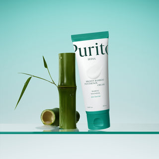 Purito Seoul Mighty Bamboo Panthenol Cream in a 100mL jar, featuring a white and green label, with the cream inside.