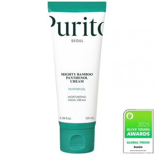 Purito Seoul Mighty Bamboo Panthenol Cream in 100mL jar, showing the white cream texture and packaging label.