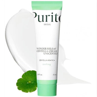 Purito Seoul Wonder Releaf Centella Cream Unscented jar, 50mL, with a white container and minimalist label for soothing skincare.