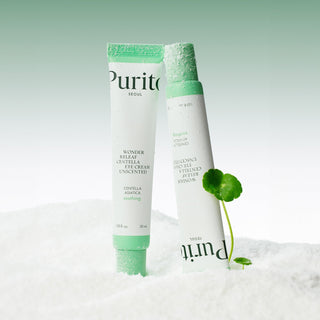 Purito Seoul Wonder Releaf Centella Eye Cream unscented in a 30mL jar, designed for gentle under-eye skin care.