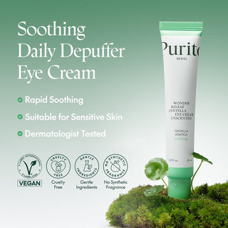 Purito Seoul Wonder Releaf Centella Eye Cream in a 30mL jar, unscented, with a smooth, hydrating texture for gentle eye area care.