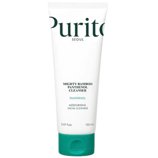 Purito Seoul Mighty Bamboo Panthenol Facial Cleanser 150ml bottle with bamboo and clear liquid inside.