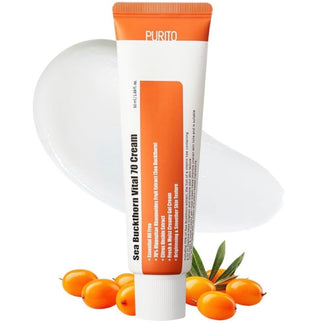 Purito Seoul Sea Buckthorn Vital 70 Cream moisturizer in a jar with natural orange hue, highlighting sea buckthorn ingredients.
