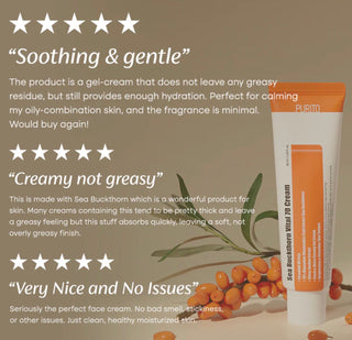 Purito Seoul Sea Buckthorn Vital 70 Cream moisturizer in a jar with natural ingredients and vibrant orange sea buckthorn berries.