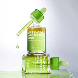 Purito Seoul Azelaic Acid 10, Kojic Acid, and Tea Tree Serum in a 30ml bottle with a dropper cap.