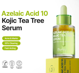Purito Seoul Azelaic Acid 10% Kojic Tea Tree Serum in a 30ml bottle, showing the serum's label and packaging.