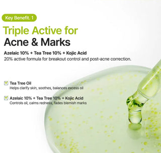 Purito Seoul Azelaic Acid 10 Kojic Tea Tree Serum in a 30ml bottle, featuring a pump dispenser, on a white background.