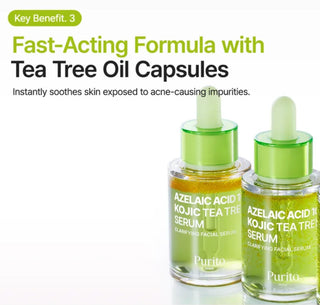 Purito Seoul Azelaic Acid 10, Kojic, and Tea Tree Serum in a 30ml bottle with dropper cap, designed for clear skin.