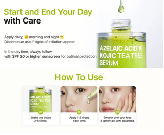 Purito Seoul Azelaic Acid 10 Kojic Tea Tree Serum in a 30ml bottle, showing the serum's packaging and applicator.
