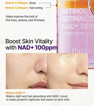 Purito Seoul Retinol Retinal 2000 NAD+ Serum in a 30ml bottle, showing the sleek packaging and product label.