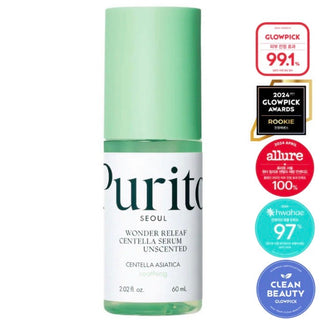 Purito Seoul Wonder Releaf Centella Serum Unscented 60mL bottle, clear serum with a minimalist label, suitable for sensitive skin.