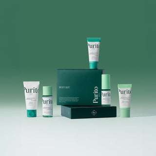 Purito Seoul Best Skincare Kit with various cleanser and moisturizer bottles arranged neatly on a white background.