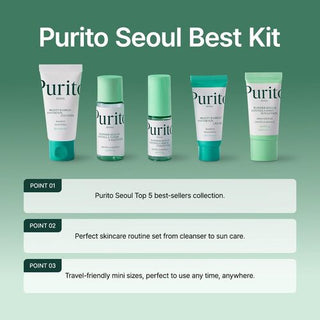 Purito Seoul Best Skincare Kit featuring multiple skincare products in white bottles and tubes arranged on a clean surface.