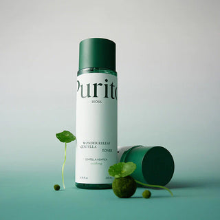 Purito Seoul Wonder Releaf Centella Toner 200ml bottle with clear label and cap, showcasing the skincare product for calming and rehydrating skin.