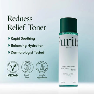 Purito Seoul Wonder Releaf Centella Toner 200ml bottle with clear label and pump dispenser, designed for soothing skincare.