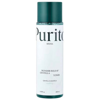 Purito Seoul Wonder Releaf Centella Toner in a 200ml bottle, featuring a clear liquid and minimalist packaging design.