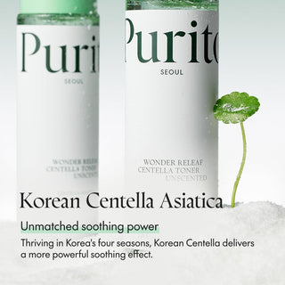 Purito Seoul Wonder Releaf Centella Toner Unscented 200mL bottle with clear label and cap, designed for gentle skincare.